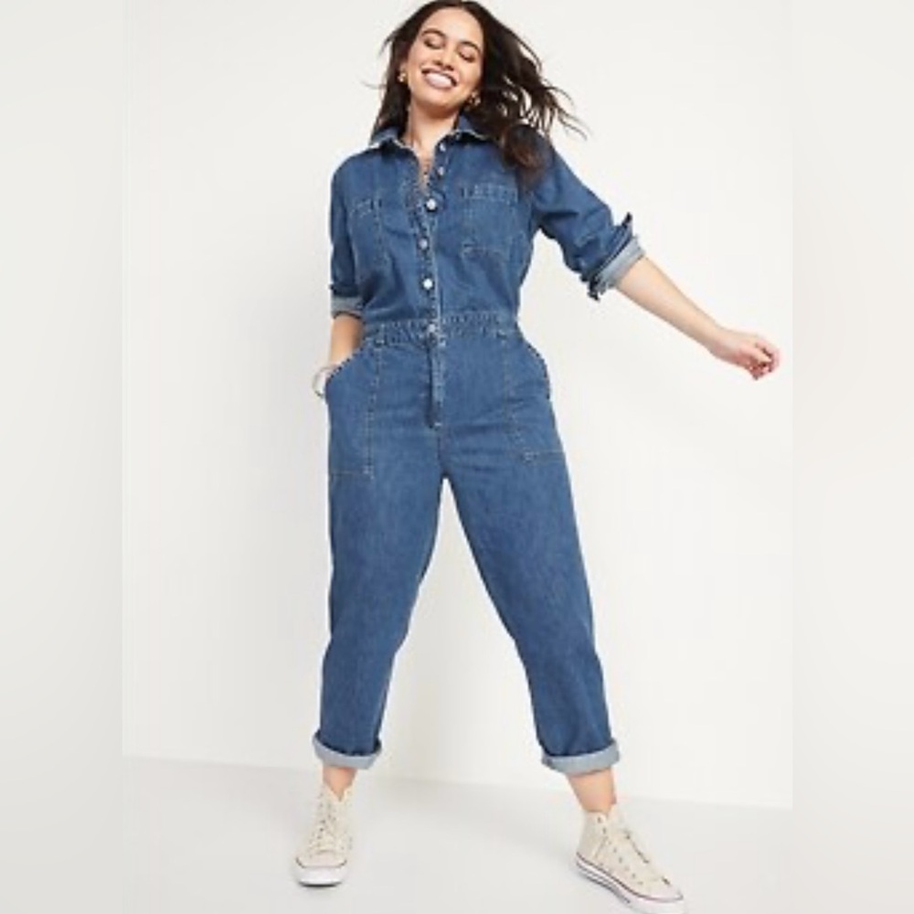 Old Navy Medium Wash Denim Long Sleeve Long Pants Jumpsuit EUC